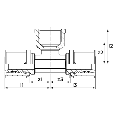 Technical drawing for VSH MultiPress T-stuk (press x binnendraad x press)