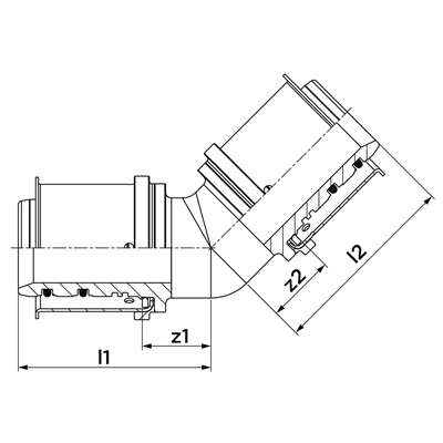 Technical drawing for VSH MultiPress kniekoppeling 45° PPSU (2 x press)