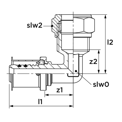 Technical drawing for VSH MultiPress overgangsknie 90° (press x knel)