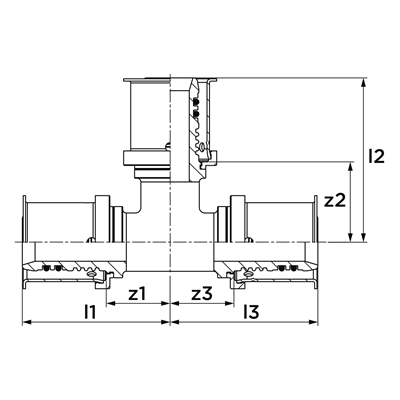 Technical drawing for VSH MultiPress T-stuk PPSU (3 x press)