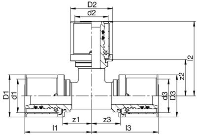 Technical drawing for VSH MultiPress Gas T-stuk verloop (3 x press)