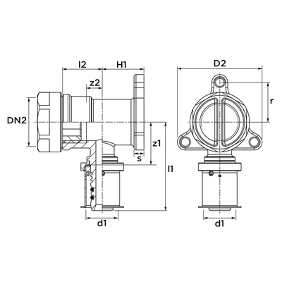 Technical drawing for VSH MultiPress Gas muurplaat 90° (press x binnendraad)