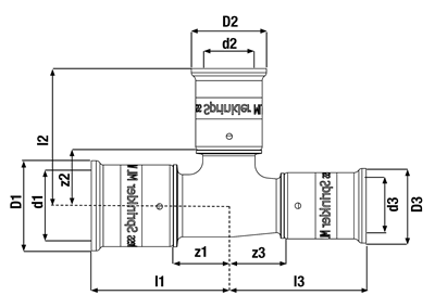 Technical drawing for VSH XPress Sprinkler ML T-stuk verloop (3 x press)