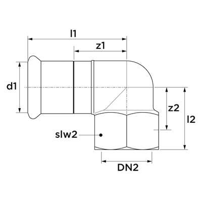 Technical drawing for VSH XPress RVS Gas kniekoppeling 90° (press x binnendraad)