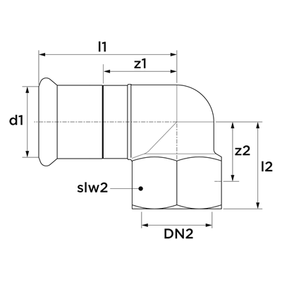 Technical drawing for VSH XPress RVS 304 kniekoppeling 90° (press x binnendraad)