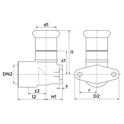 Technical drawing for VSH XPress RVS Gas muurplaat 90° (press x binnendraad)