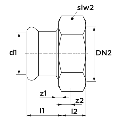 Technical drawing for VSH XPress RVS Gas wartelstuk (press x binnendraad)