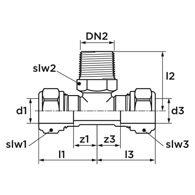 Technical drawing for VSH Super T-stuk met draad (knel x buitendraad x knel)