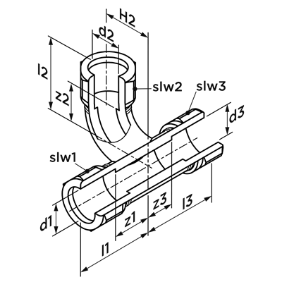 Technical drawing for VSH Super T-stuk met zijspruit (3 x knel)
