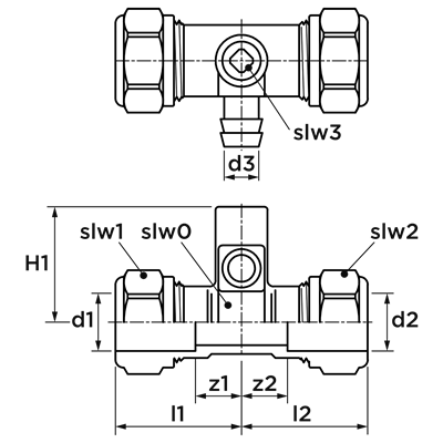 Technical drawing for VSH Super rechte koppeling met aftap (2 x knel)