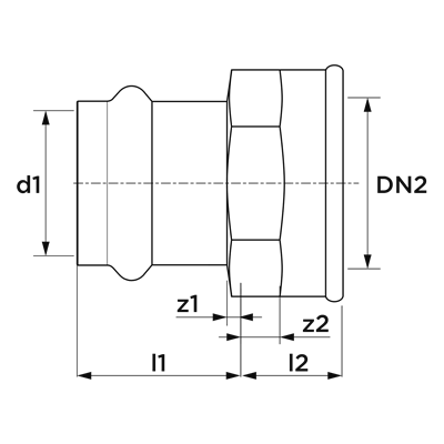 Technical drawing for VSH SudoPress Koper overgangskoppeling (press x binnendraad)