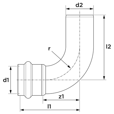 Technical drawing for VSH SudoPress Solar Koper bocht 90° (press x insteek)