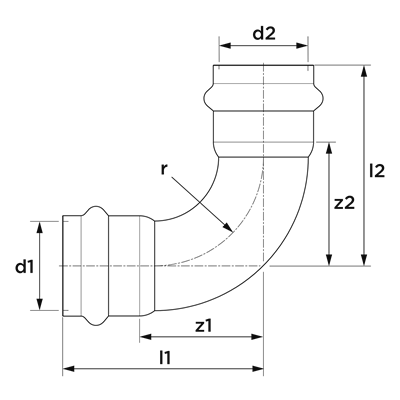 Technical drawing for VSH SudoPress Koper Gas bocht 90° (2 x press)
