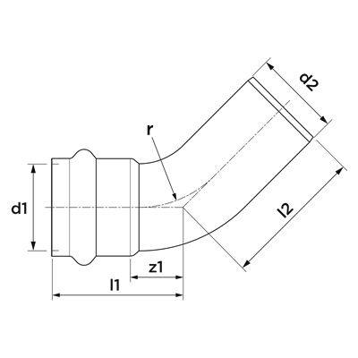 Technical drawing for VSH SudoPress Koper verchroomd bocht 45° (press x insteek)