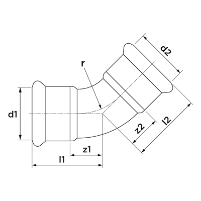 Technical drawing for VSH SudoPress Staalverzinkt bocht 45° (2 x press)