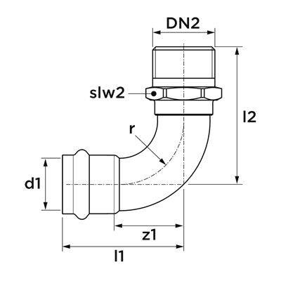 Technical drawing for VSH SudoPress Koper Gas overgangsbocht 90° (press x buitendraad)