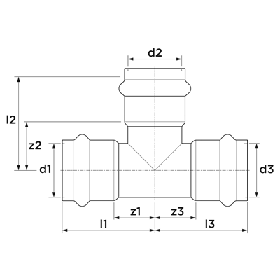 Technical drawing for VSH SudoPress Koper T-stuk verloop (3 x press)