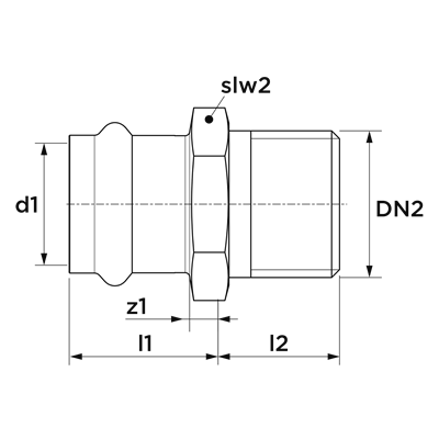Technical drawing for VSH SudoPress Staalverzinkt overgangskoppeling (press x buitendraad)