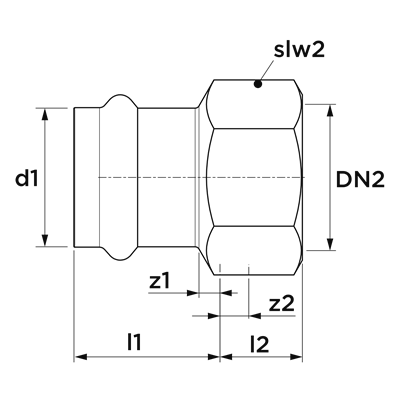 Technical drawing for VSH SudoPress RVS overgangskoppeling (press x binnendraad)