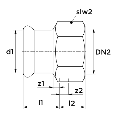 Technical drawing for VSH XPress Koper overgangskoppeling verchroomd (press x binnendraad)
